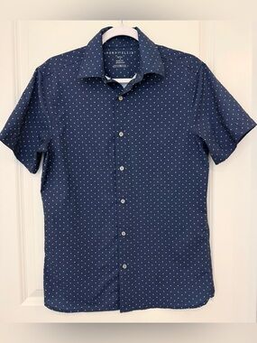Perry Ellis Men's Slim Fit Short Sleeve Button Down Shirt Navy Geometric Shape